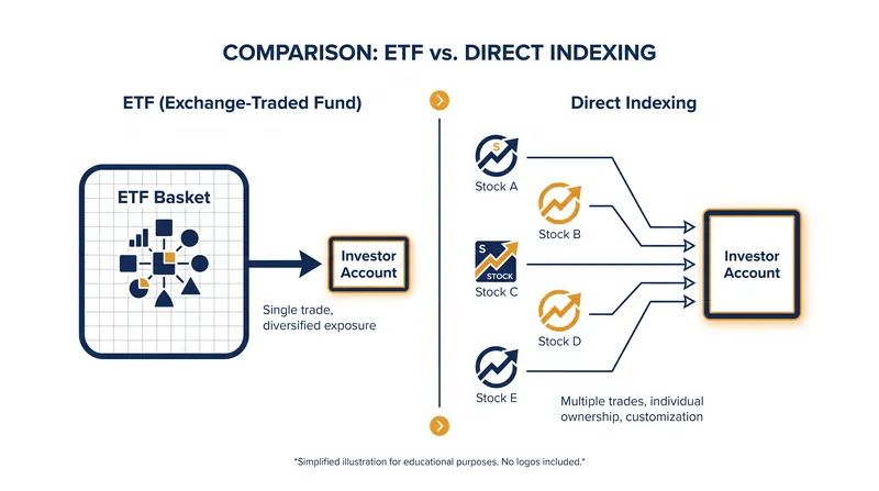 Unlike ETFs, direct indexing unbundles the fund to give investors direct ownership of the constituent shares.