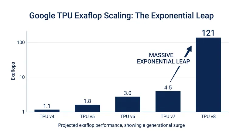 The 8th-generation TPU pod represents a massive leap in total compute capacity compared to previous generations.