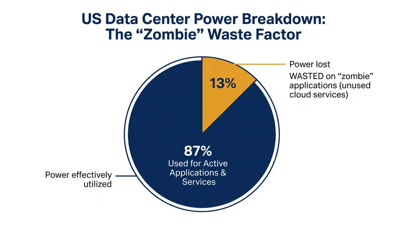An estimated 13% of US data center electricity is consumed by idle or 'zombie' cloud applications.
