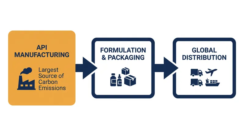 The majority of the pharmaceutical industry's carbon footprint originates deep in the supply chain during the synthesis of active ingredients.