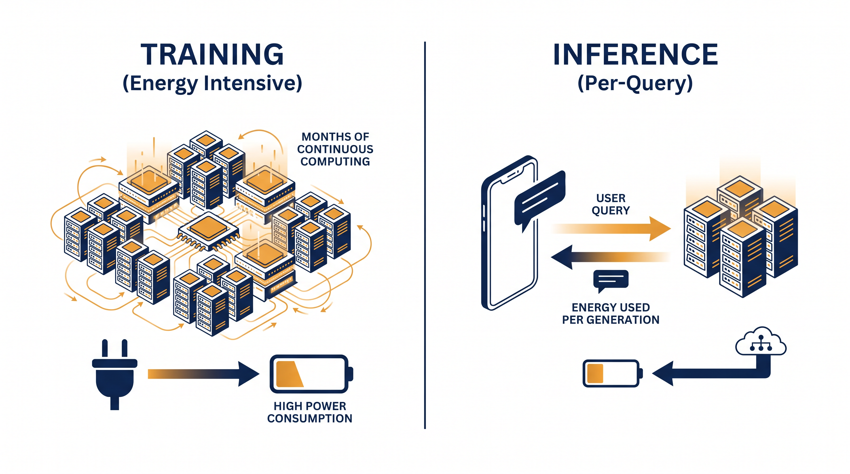 AI energy consumption is split between the initial training of models and the ongoing 'inference' required to answer user queries.