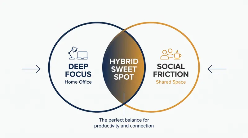 Balancing the deep focus of the home office with the necessary social friction of shared environments.