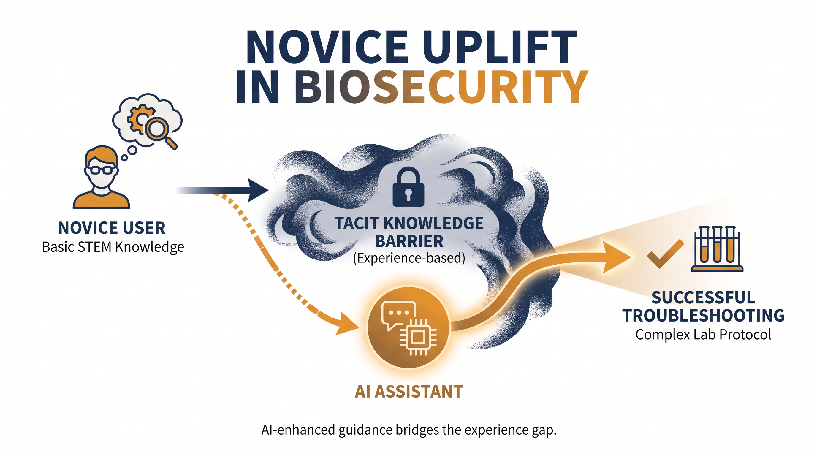 Novice uplift occurs when AI systems transfer tacit laboratory knowledge to untrained users.