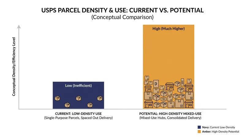 Many postal facilities occupy large parcels in high-demand areas that could support significantly greater residential density.