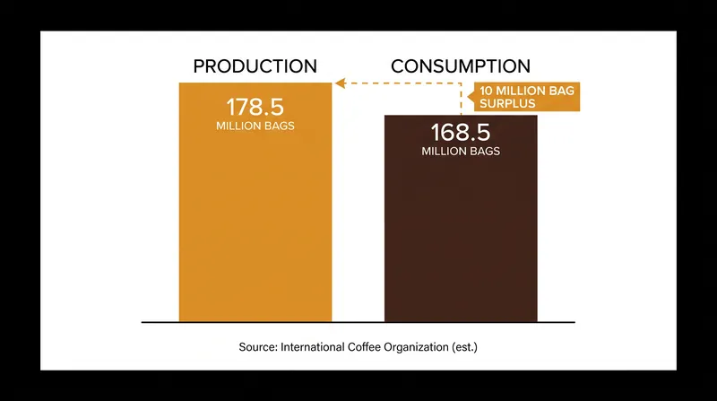 Global coffee production is projected to outpace consumption by nearly 10 million bags in the 2026/27 season.