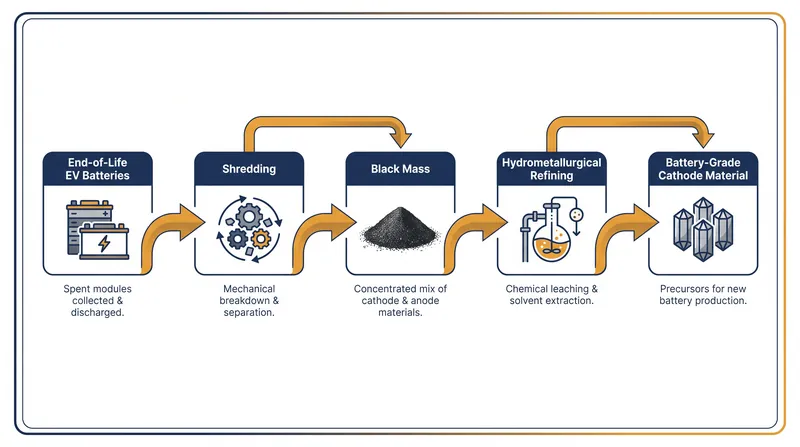The critical mineral supply chain relies heavily on the intermediate 'black mass' stage to extract valuable metals.
