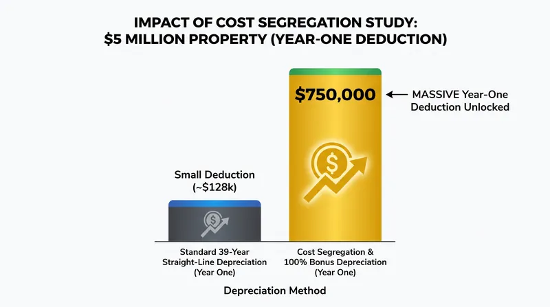 Cost segregation studies unlock massive year-one deductions by reclassifying assets into shorter lifespans.