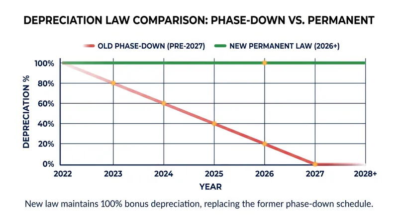 The OBBBA reversed the scheduled phase-down, locking the bonus depreciation rate at 100%.