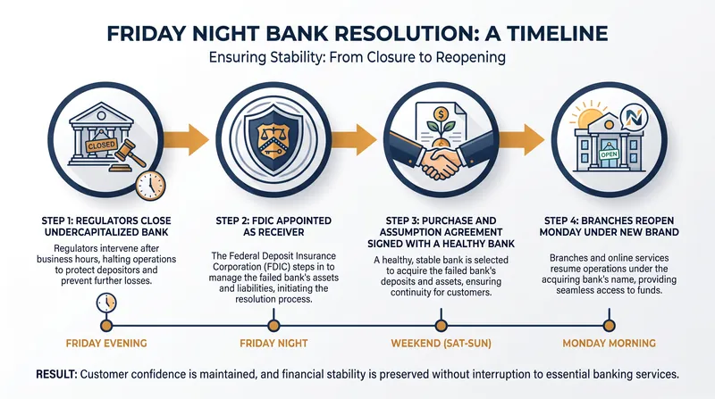 The FDIC's resolution timeline is engineered to execute over a single weekend, preventing disruptions to consumer access.