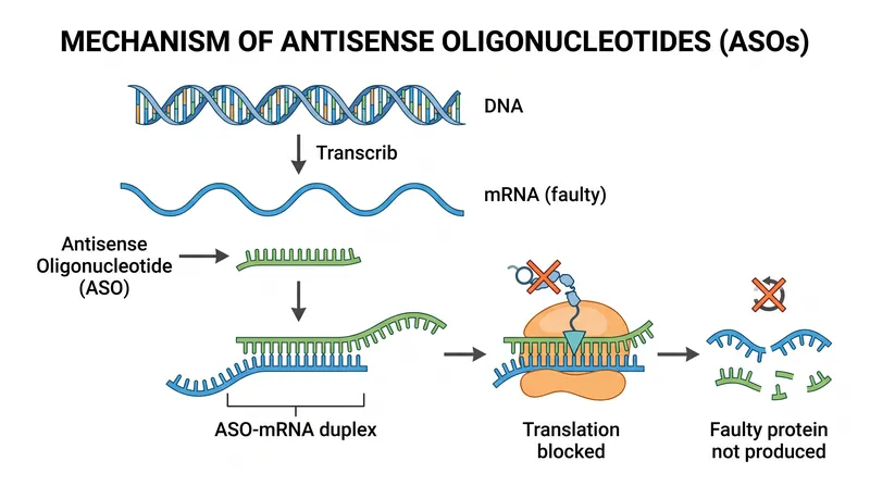 Antisense oligonucleotides work by intercepting faulty genetic instructions before toxic proteins can be produced.
