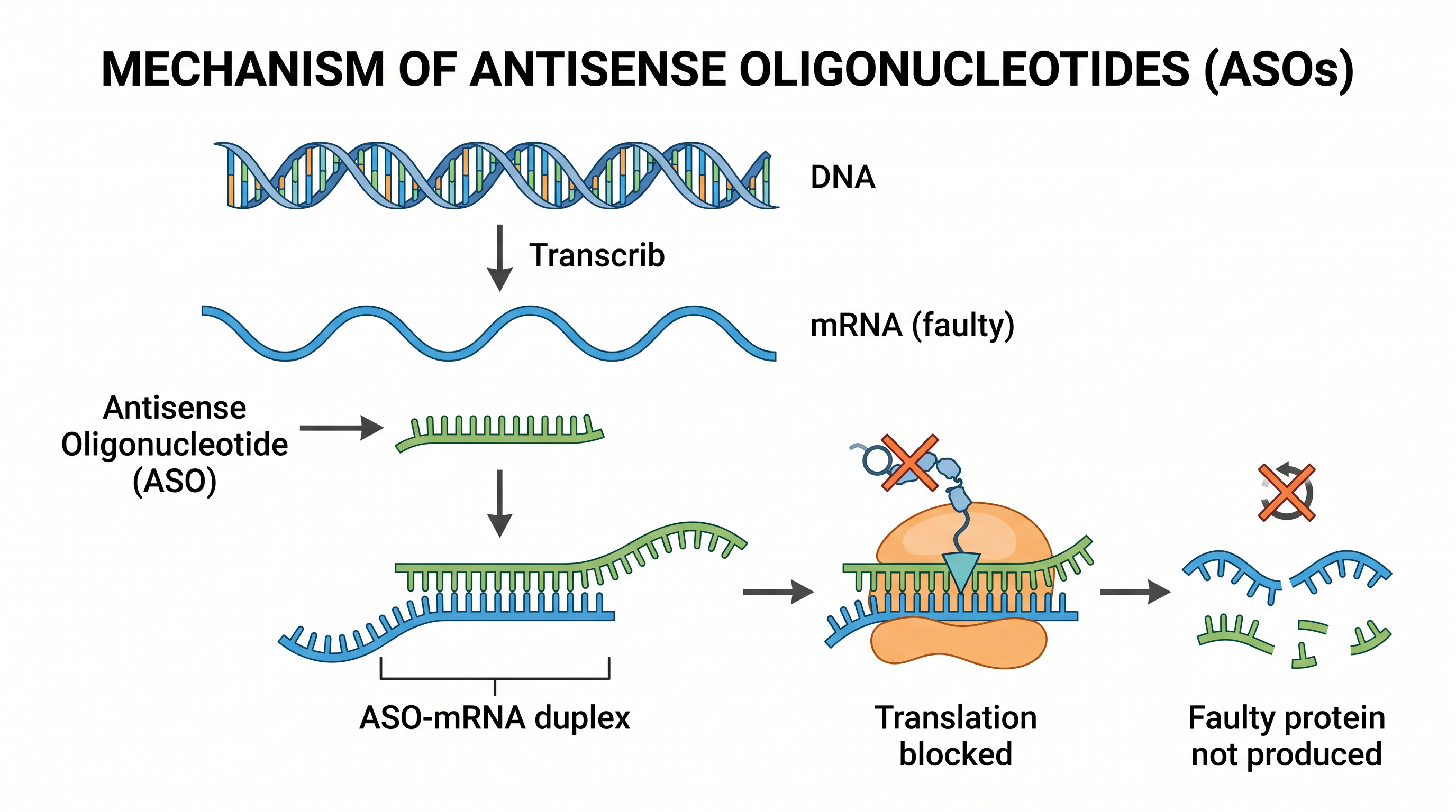 Antisense oligonucleotides work by intercepting faulty genetic instructions before toxic proteins can be produced.