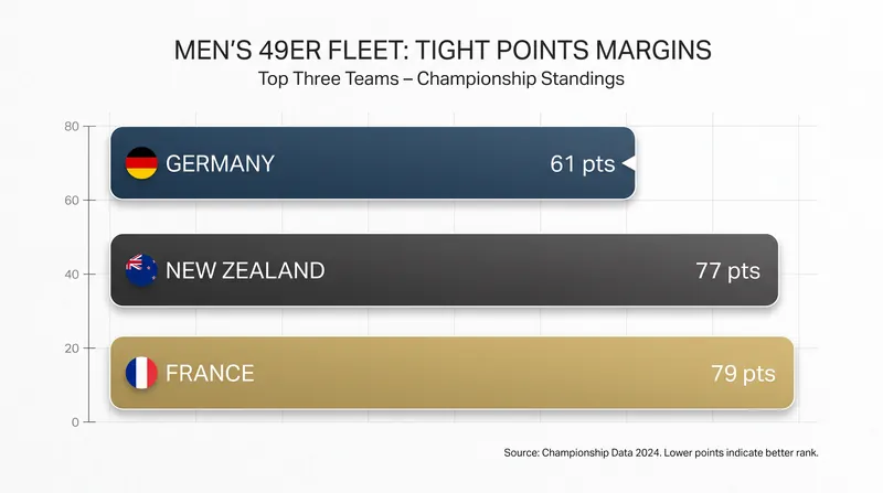 The points gap remains tight at the top of the Men's 49er leaderboard.