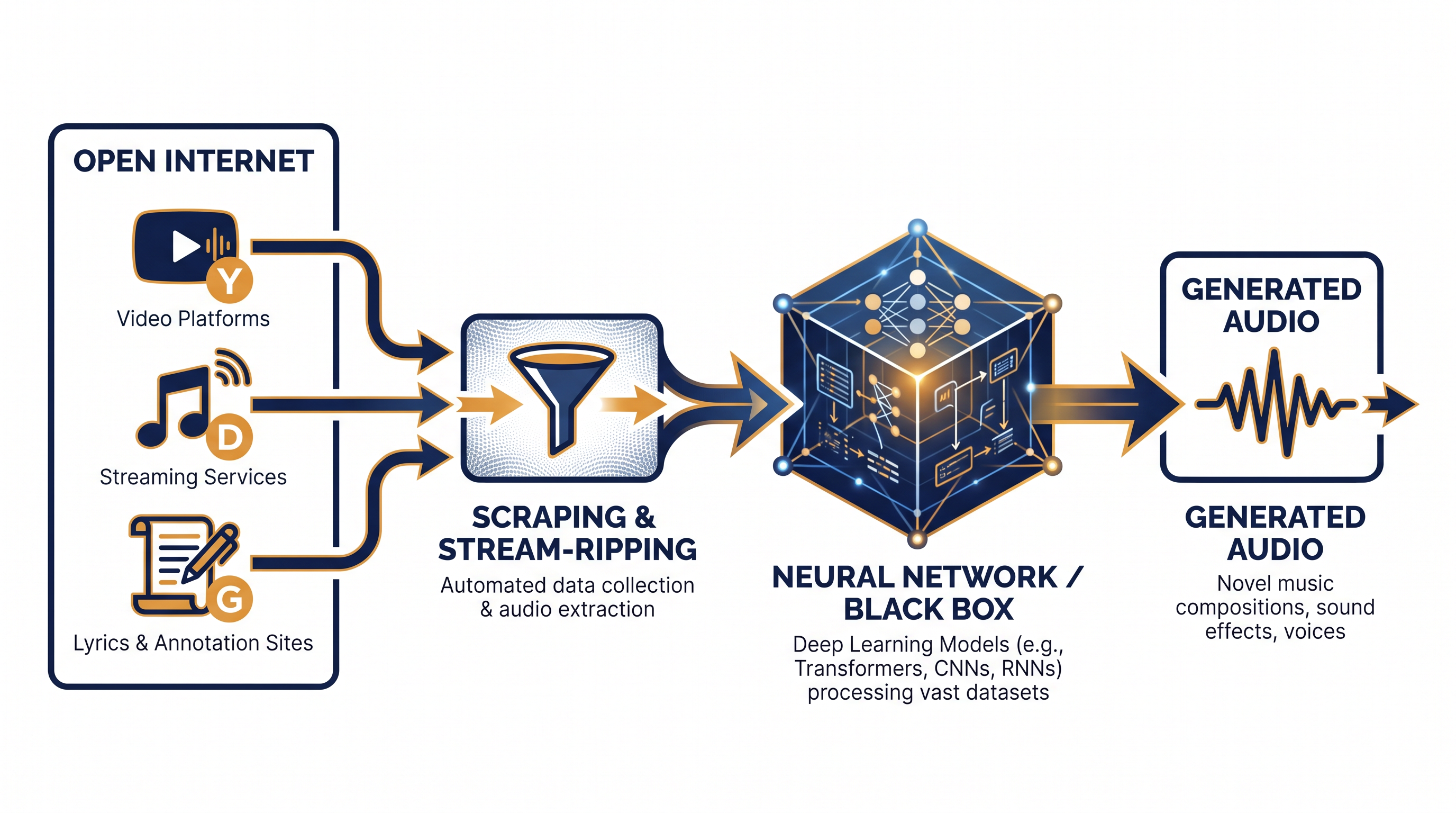 How AI models ingest and process public audio data to generate new compositions.