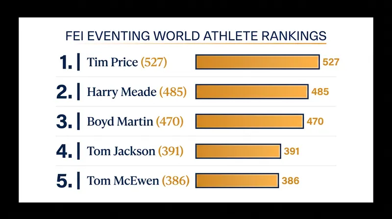 The top 5 riders in the August 2026 FEI Eventing World Athlete Rankings.