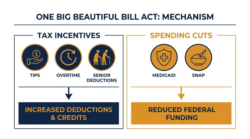The legislation shifts hundreds of billions of dollars from direct federal assistance into targeted tax exemptions.