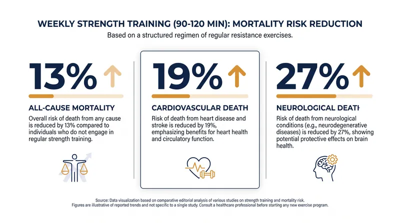 The specific mortality risk reductions associated with the 90-to-120-minute weekly training window.