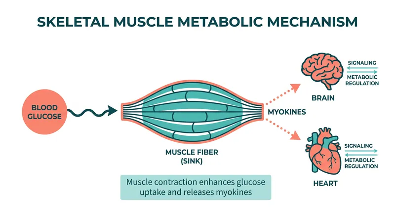 Skeletal muscle acts as a metabolic organ, clearing blood glucose and releasing protective proteins called myokines.