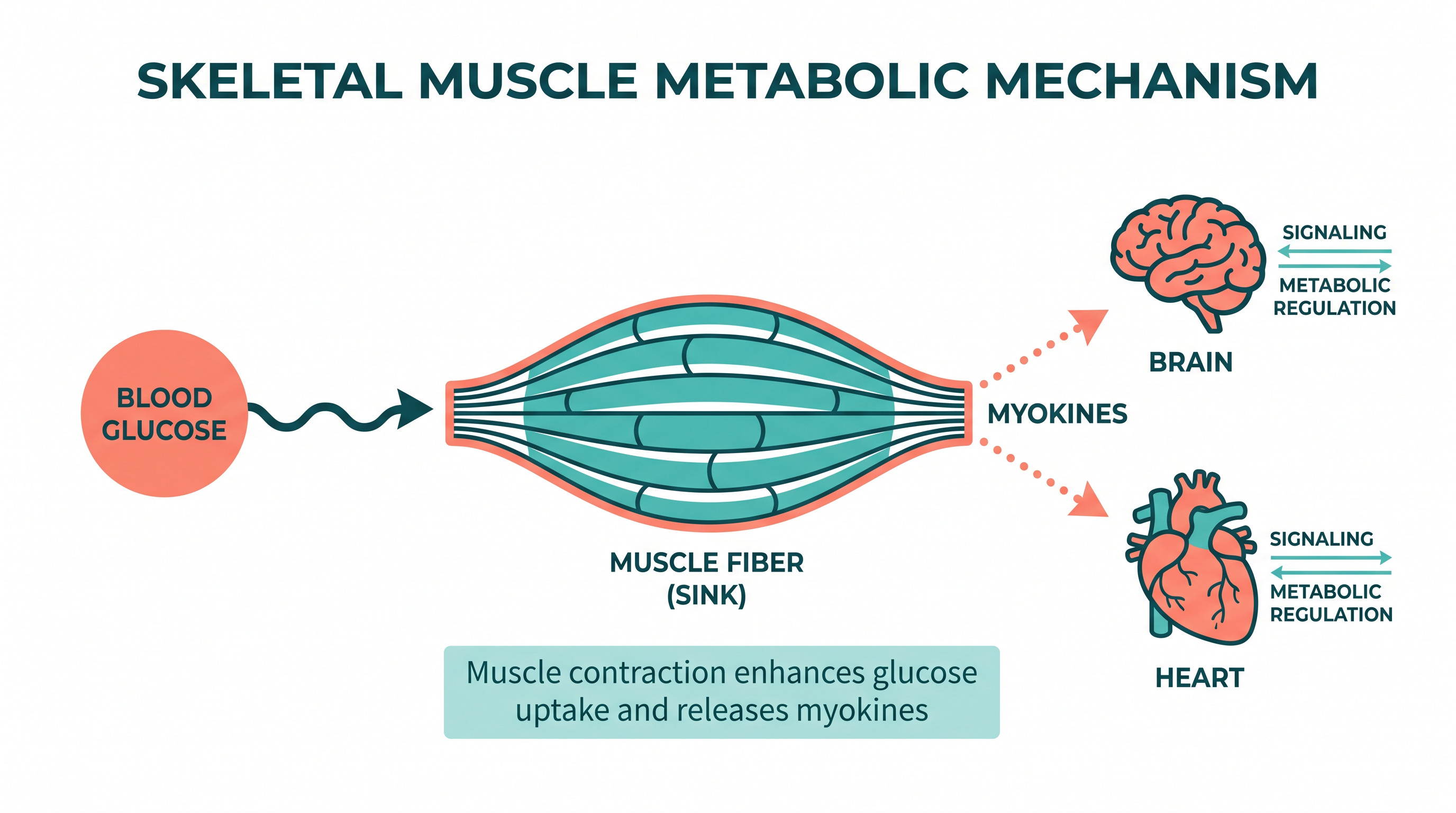 Skeletal muscle acts as a metabolic organ, clearing blood glucose and releasing protective proteins called myokines.