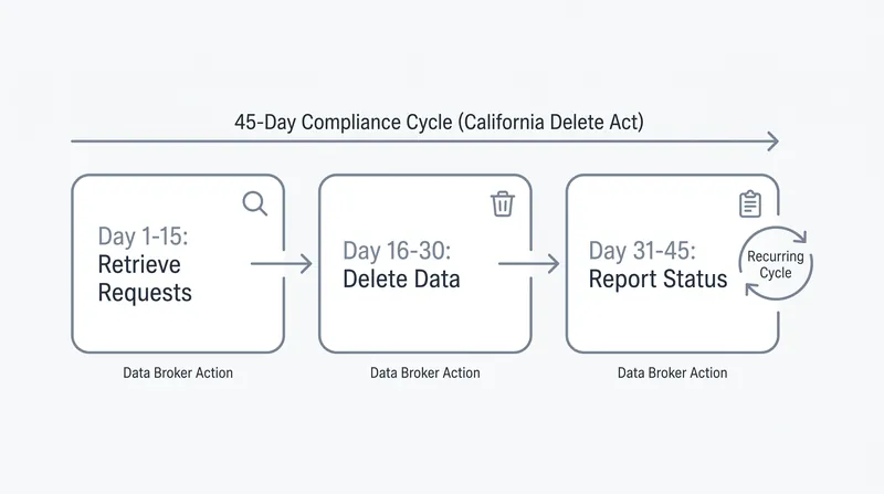 Data brokers face a strict, recurring 45-day SLA to process deletion requests and report their status to the state.