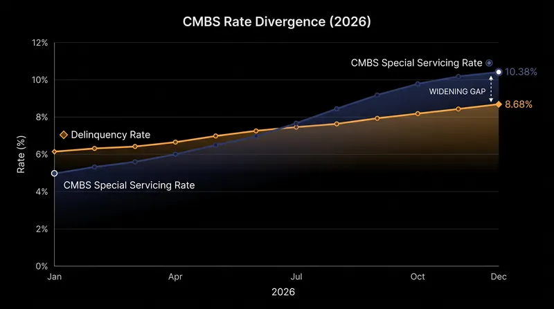 The special servicing rate has accelerated faster than outright delinquencies, indicating borrowers are proactively seeking loan workouts.