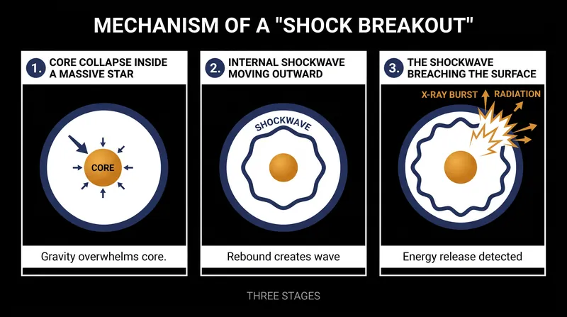 The mechanics of a shock breakout, which releases a brief flash of X-rays before the optical supernova becomes visible.