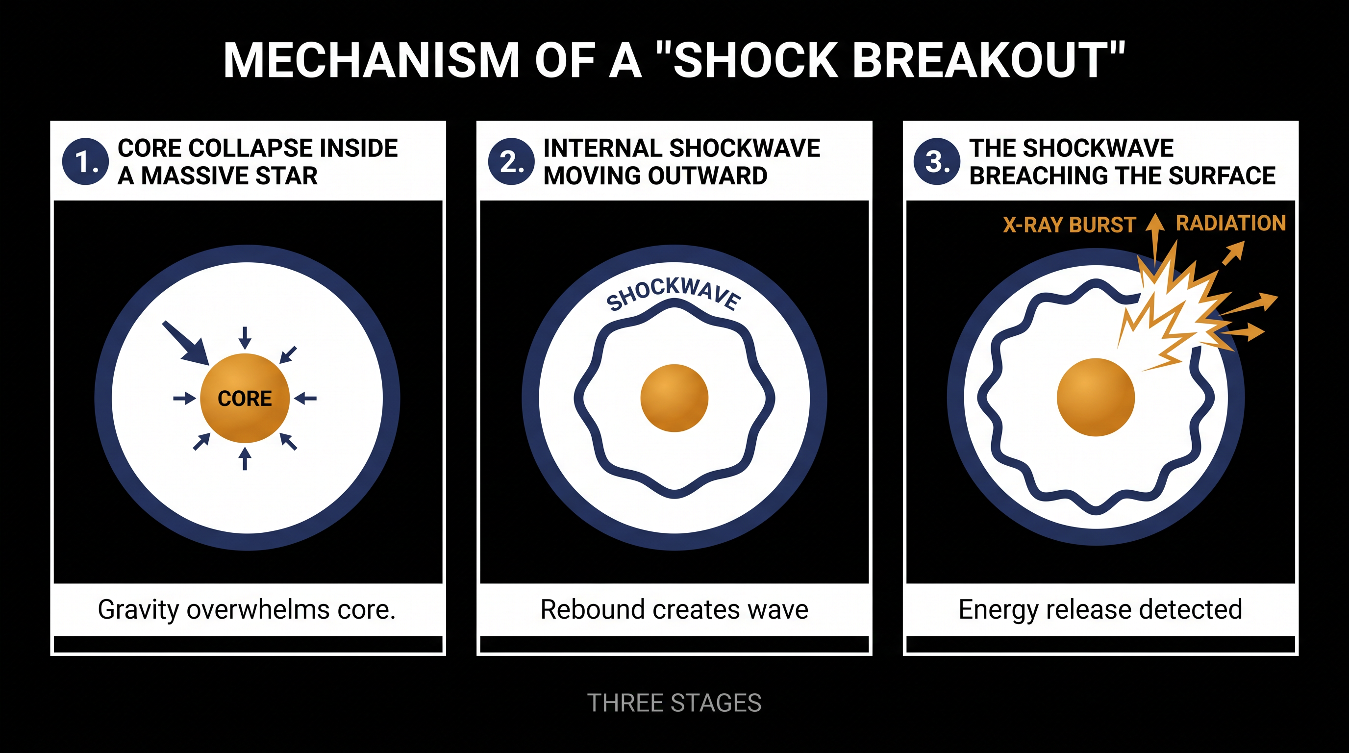 The mechanics of a shock breakout, which releases a brief flash of X-rays before the optical supernova becomes visible.