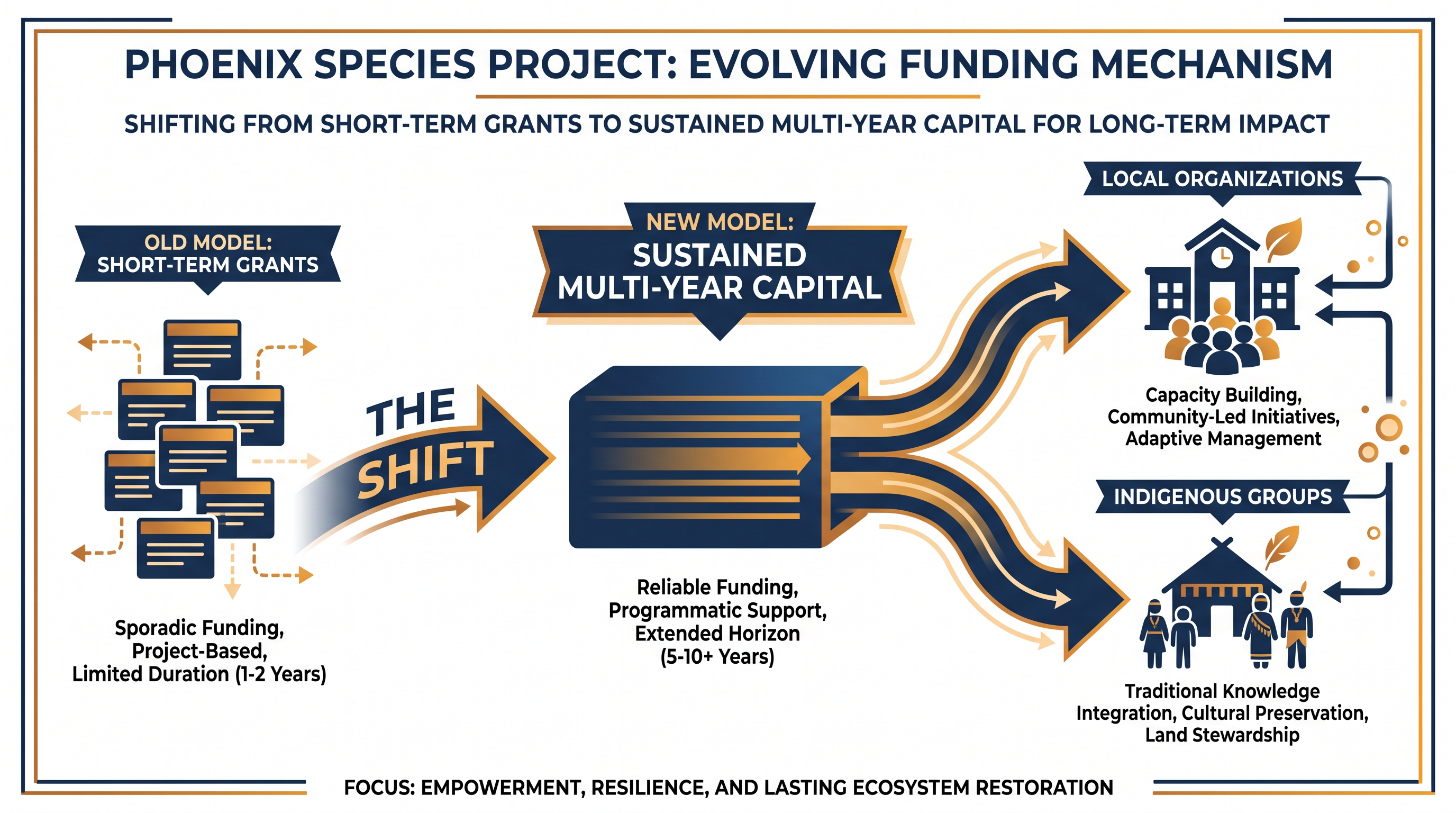The initiative replaces short-term grant cycles with sustained, multi-year funding to allow for comprehensive recovery planning.