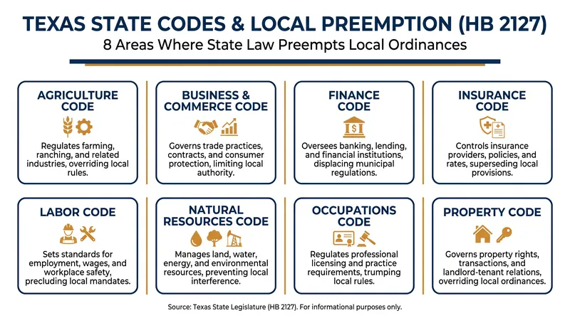 The eight state regulatory codes that now supersede local municipal ordinances.