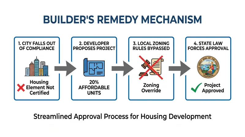 How the builder's remedy allows developers to bypass local zoning when a city's housing plan is non-compliant.