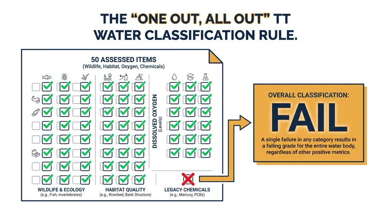 Under the Water Framework Directive, a single failing metric downgrades the entire water body's status.