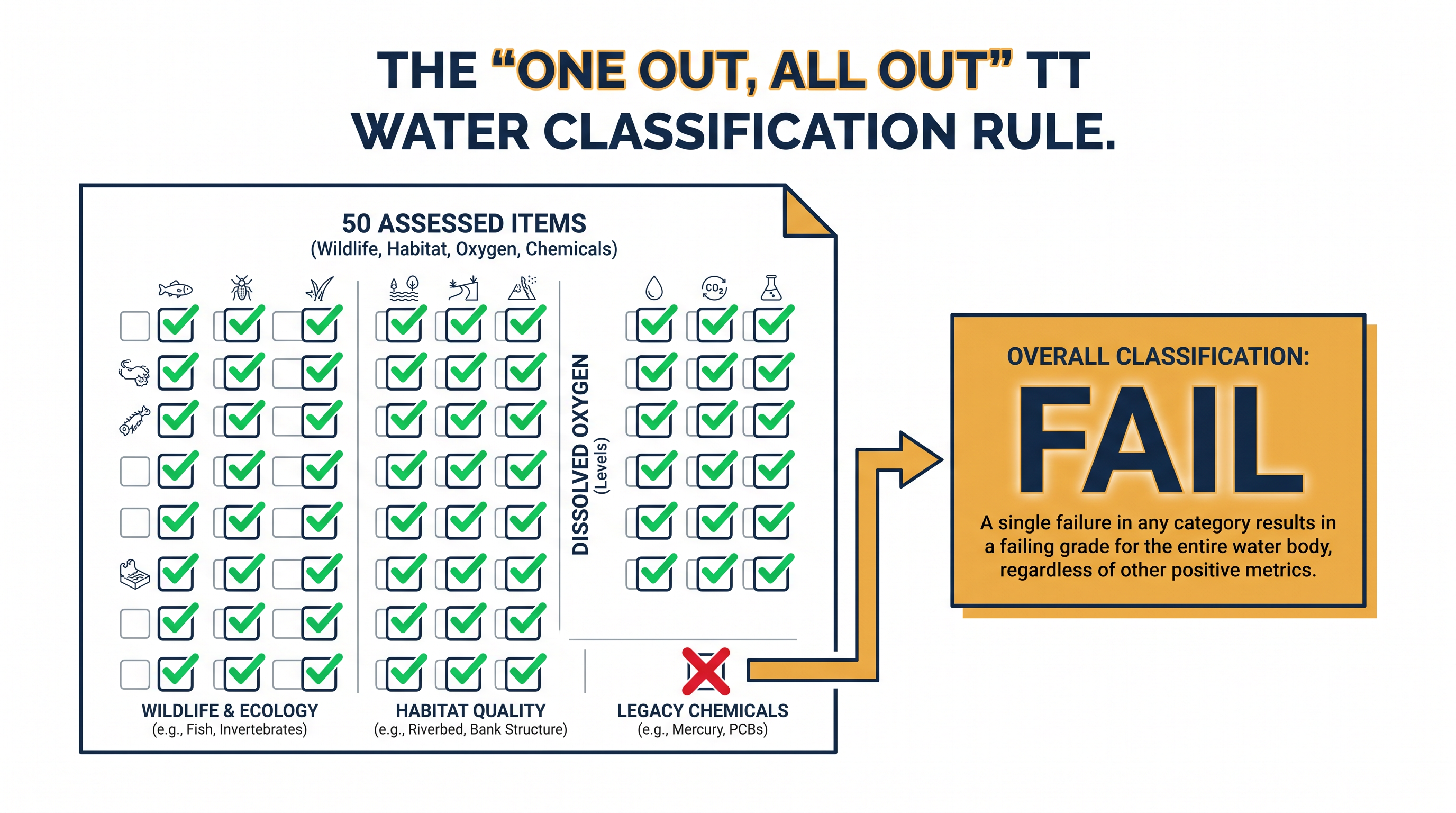 Under the Water Framework Directive, a single failing metric downgrades the entire water body's status.