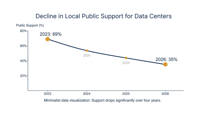 Public support for living near data center projects has plummeted nationwide over the last three years.