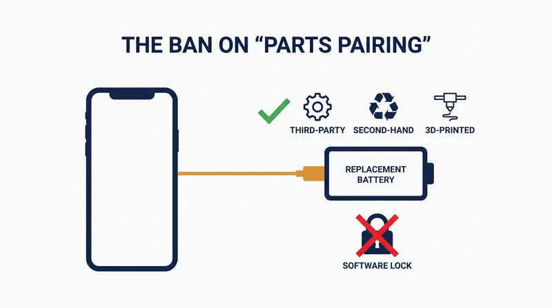 The directive explicitly bans software locks and contractual terms that prevent independent repairers from using compatible third-party or salvaged parts.