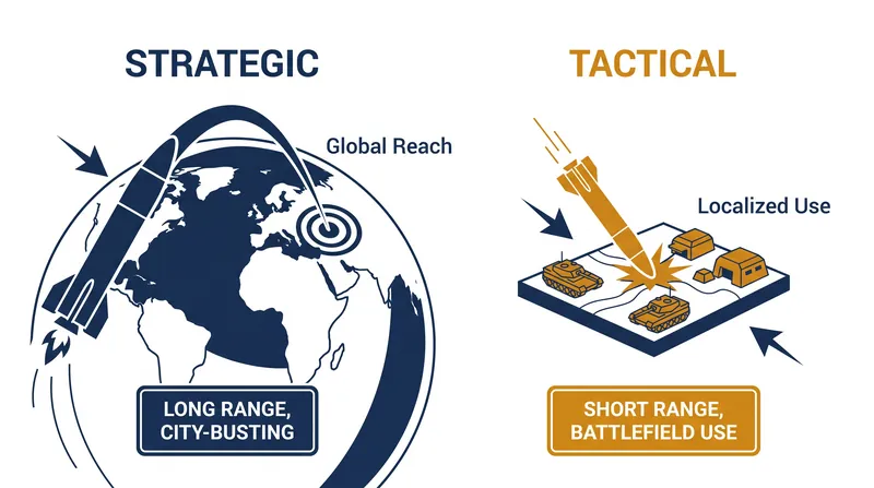 Tactical nuclear weapons feature lower explosive yields and shorter ranges, designed for battlefield targets rather than widespread destruction.