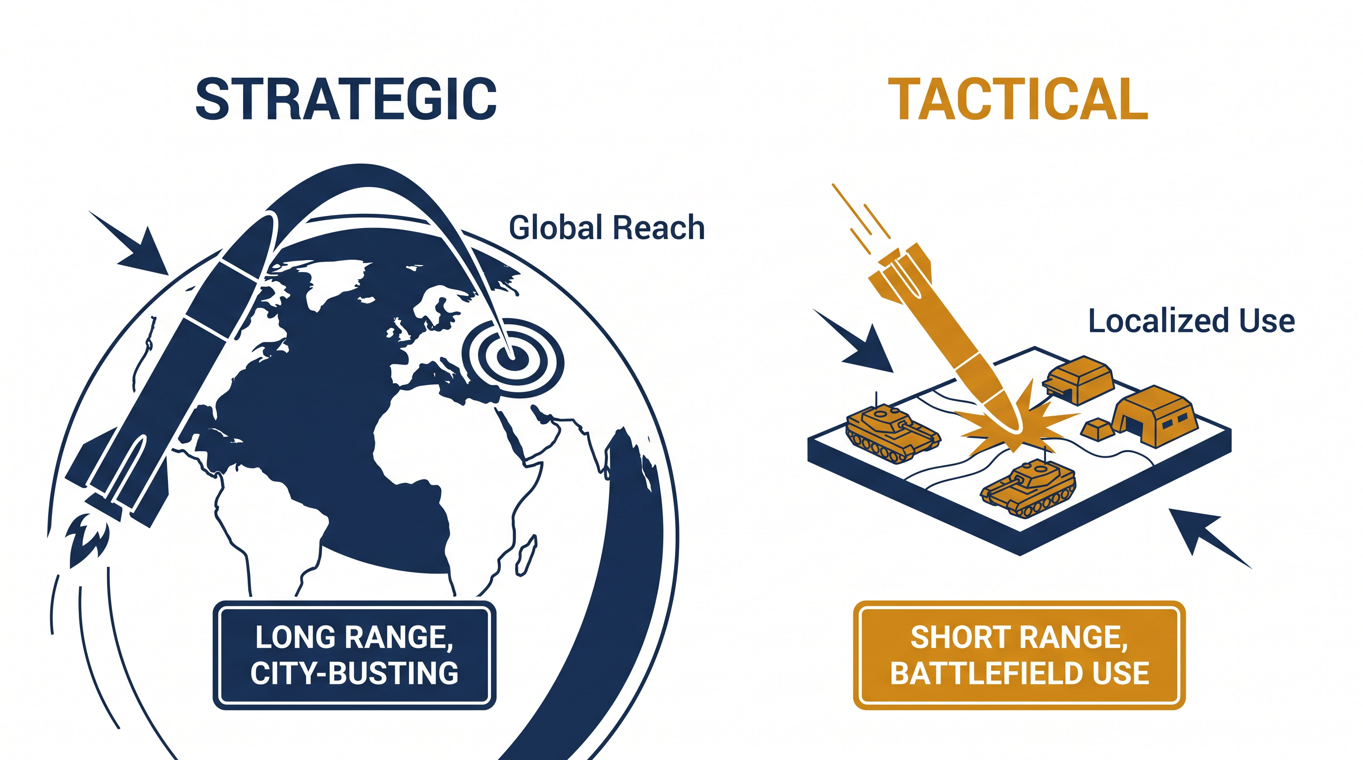 Tactical nuclear weapons feature lower explosive yields and shorter ranges, designed for battlefield targets rather than widespread destruction.