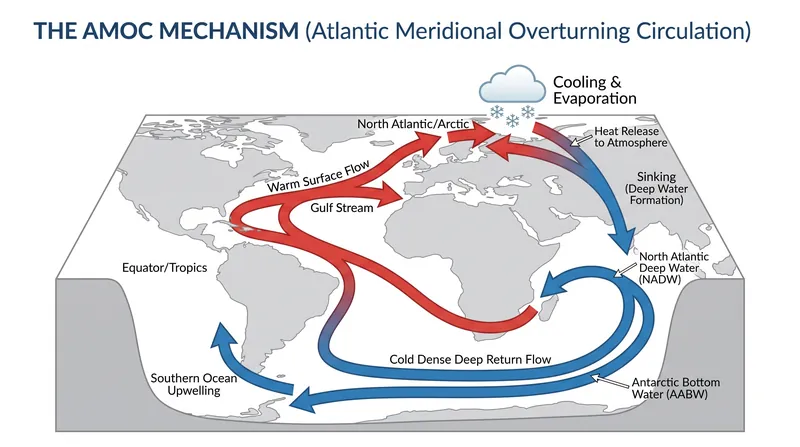 The AMOC is driven by density gradients controlled by temperature and salinity.
