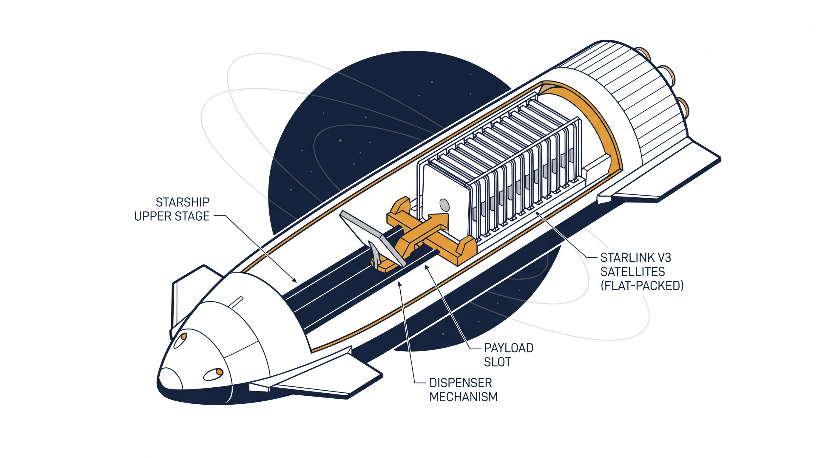 Starship's payload bay is designed to deploy massive Starlink V3 satellites in rapid succession.