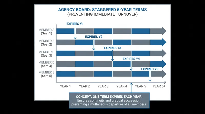Staggered five-year terms are designed to insulate the Board from immediate political pressure.