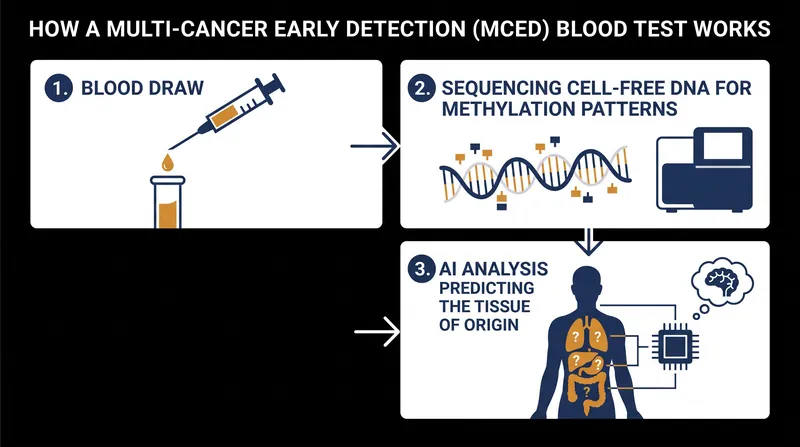 MCED tests analyze fragments of tumor DNA circulating in the bloodstream to identify the presence and origin of cancer.