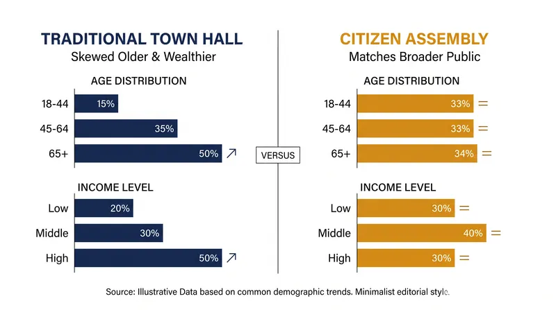 By paying participants and providing childcare, assemblies eliminate the structural barriers that skew traditional public meetings.