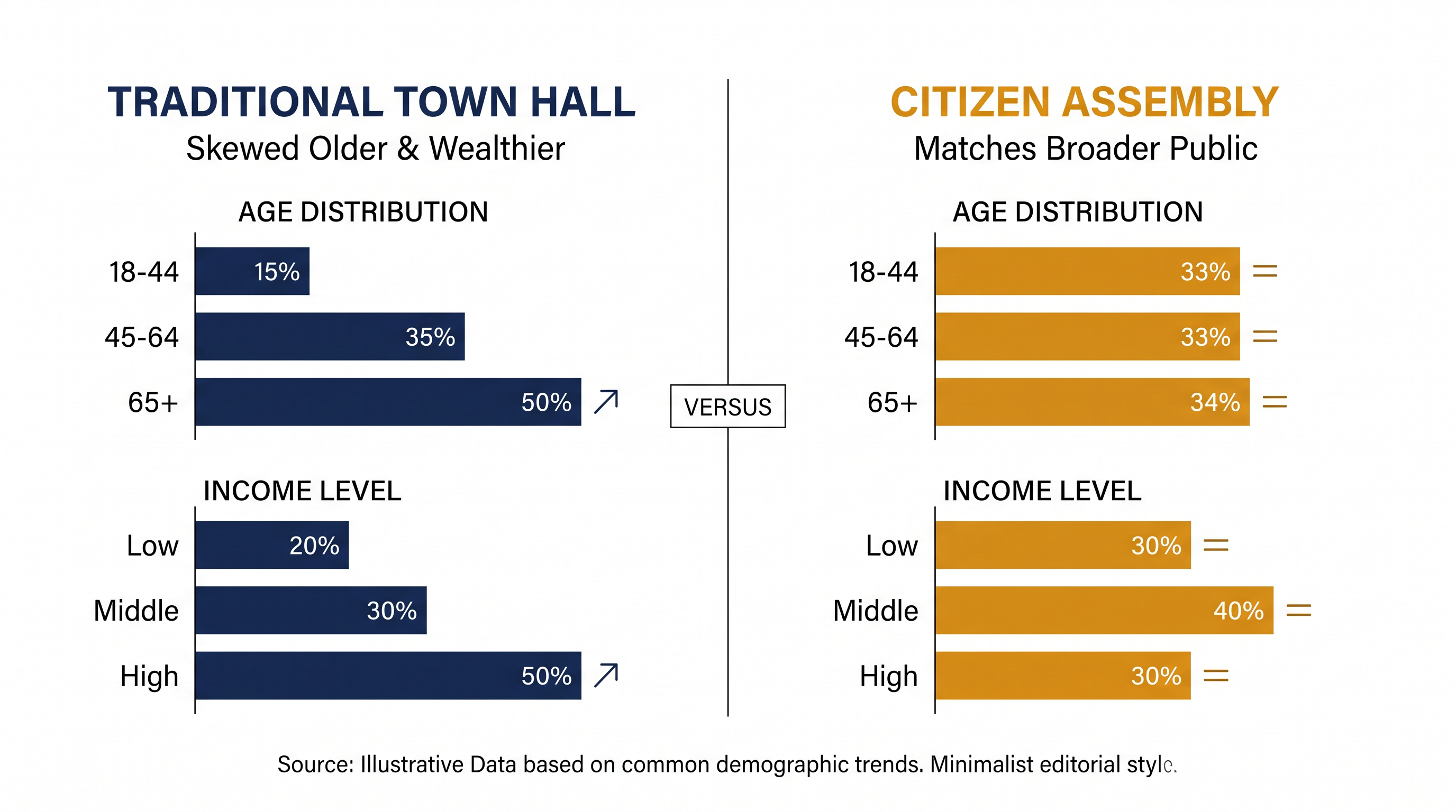 By paying participants and providing childcare, assemblies eliminate the structural barriers that skew traditional public meetings.