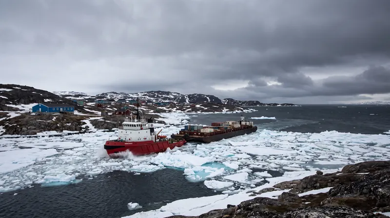 Logistical staging in the Arctic requires specialized vessels to navigate the icy, remote coastlines.