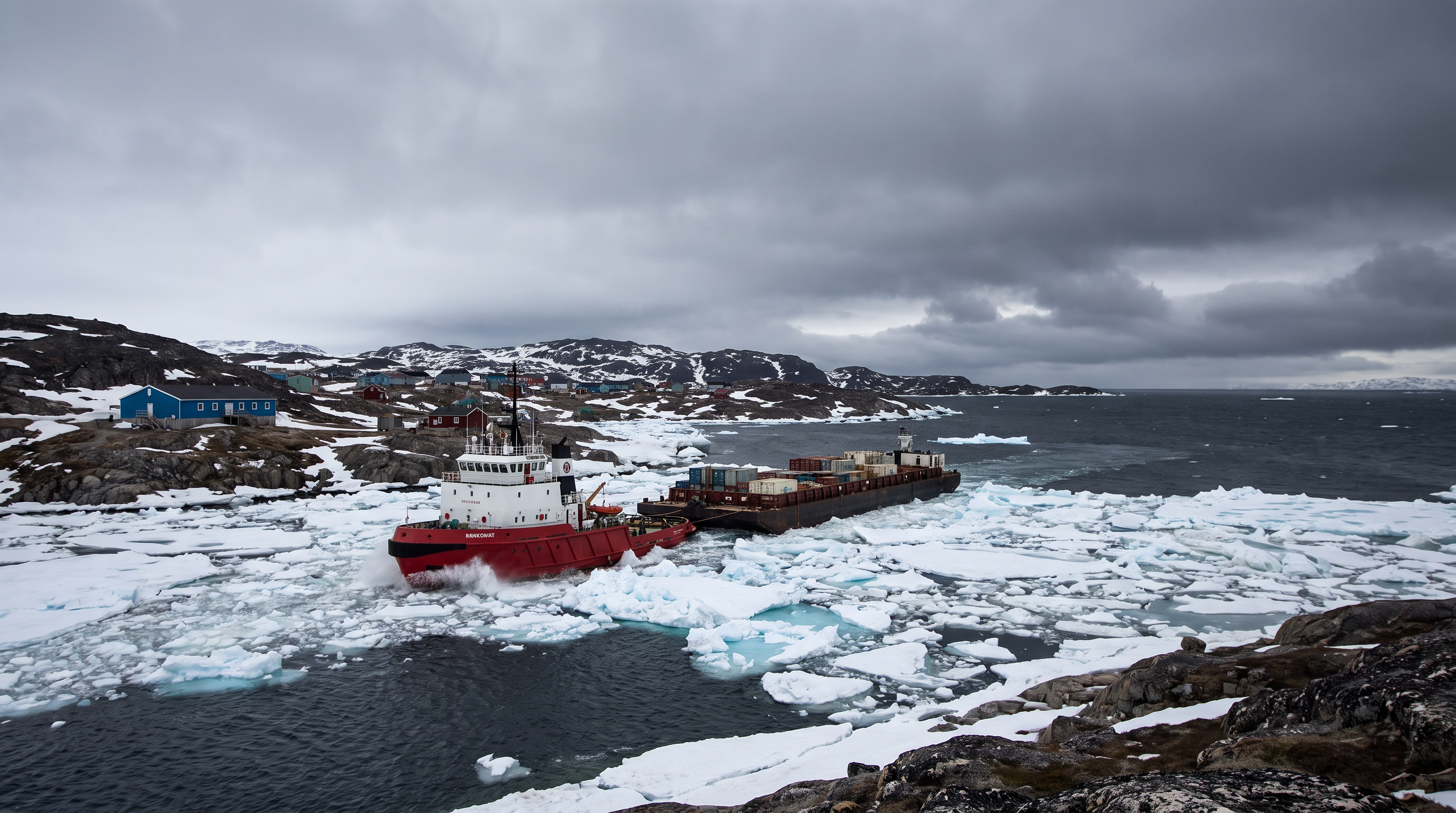 Logistical staging in the Arctic requires specialized vessels to navigate the icy, remote coastlines.