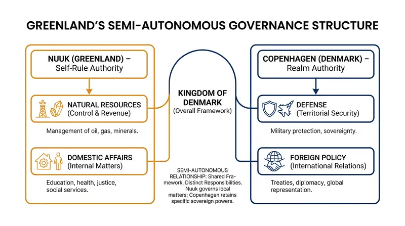How governance and resource control are divided between Greenland and Denmark.