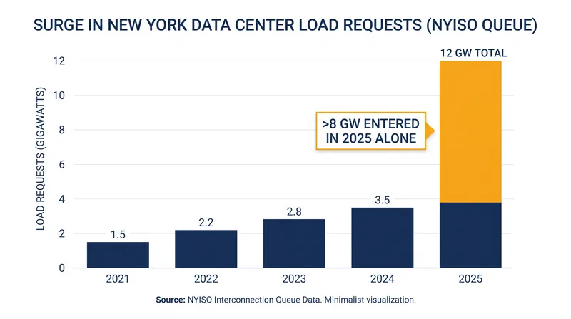 Data center load requests in New York's interconnection queue have surged to nearly 12 gigawatts.