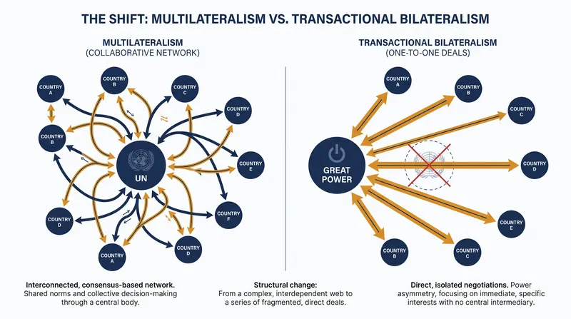 The structural transition from centralized multilateral coordination to direct, conditional bilateral agreements.