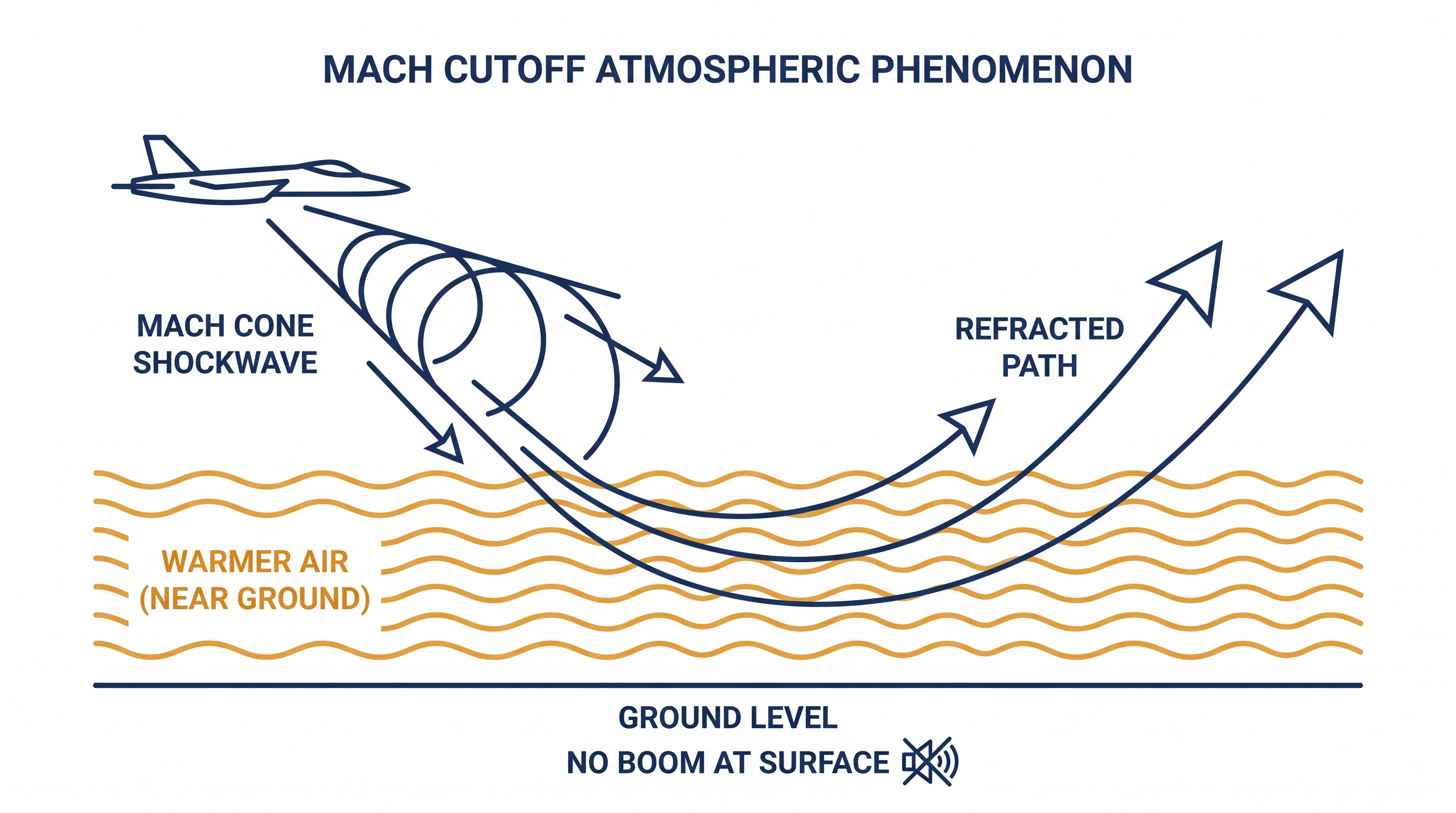 The Mach cutoff technique uses natural temperature gradients in the atmosphere to refract shockwaves upward before they reach the ground.