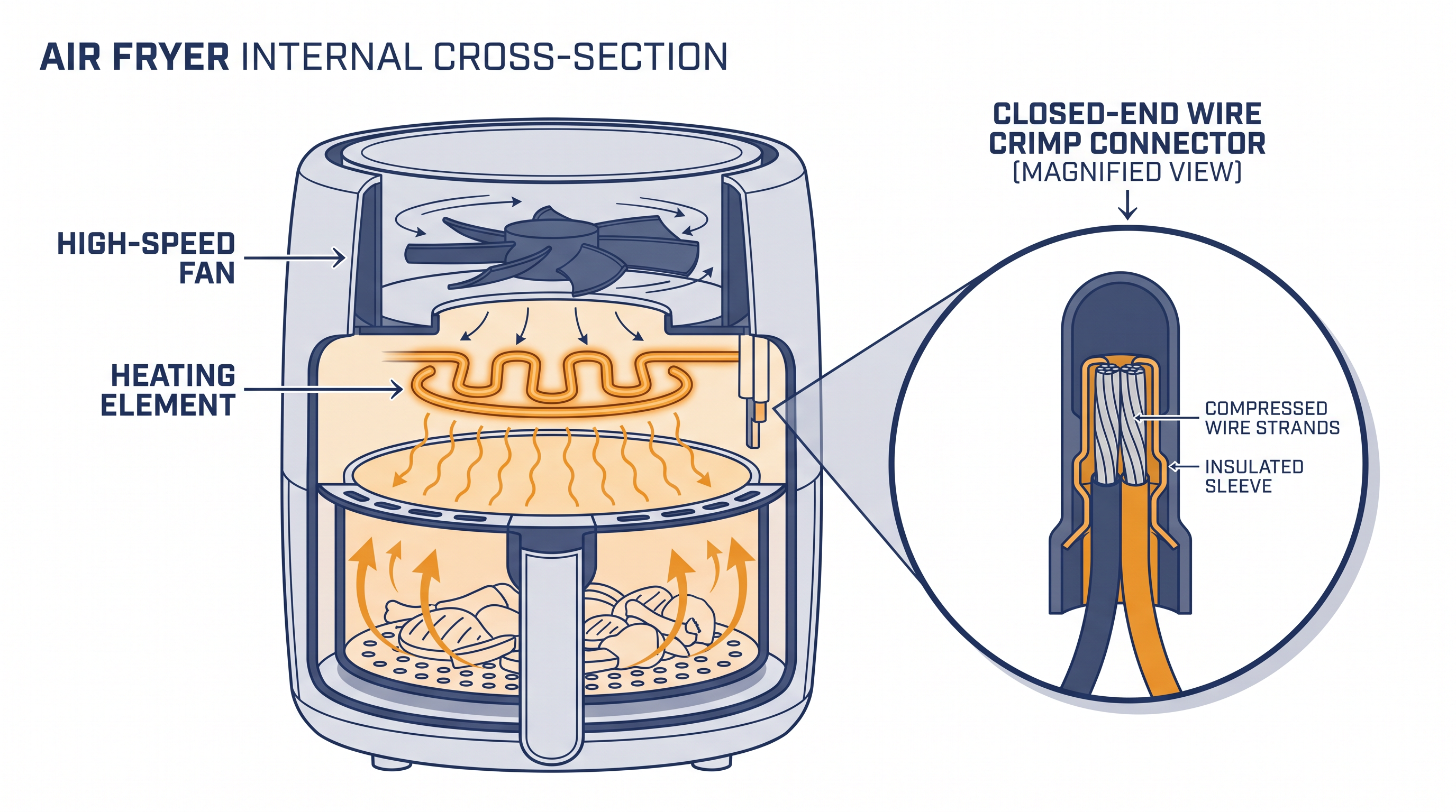 Faulty closed-end crimp connectors can create high electrical resistance, leading to overheating and melted plastic.