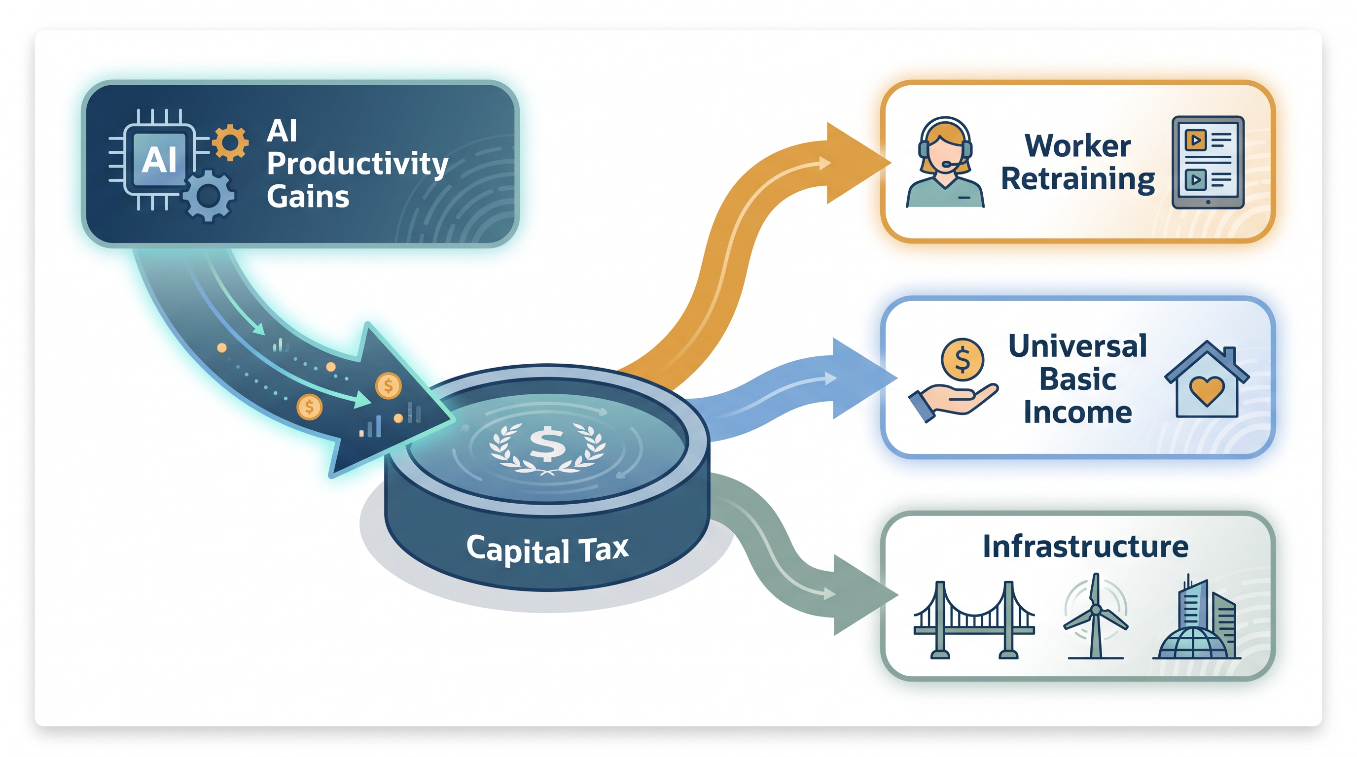 Broader capital taxes could capture the financial windfall of AI to fund transitional support for displaced workers.