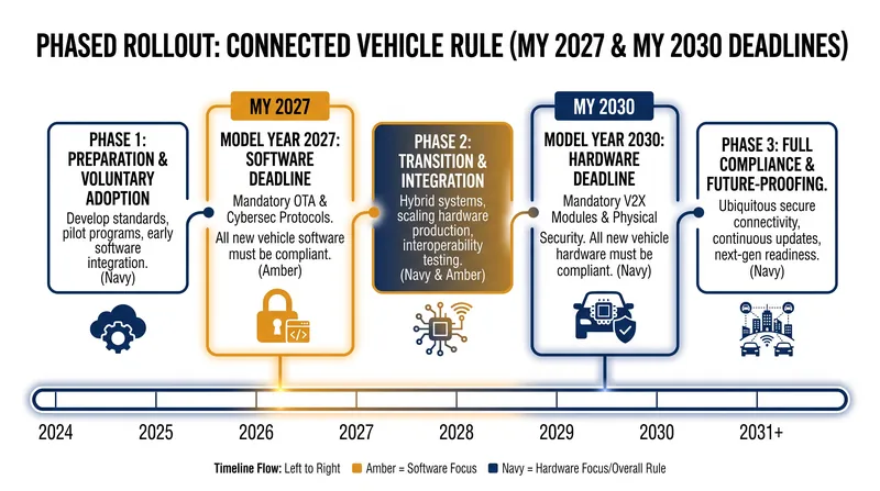 The phased implementation timeline forces automakers to address software dependencies before tackling physical hardware replacements.